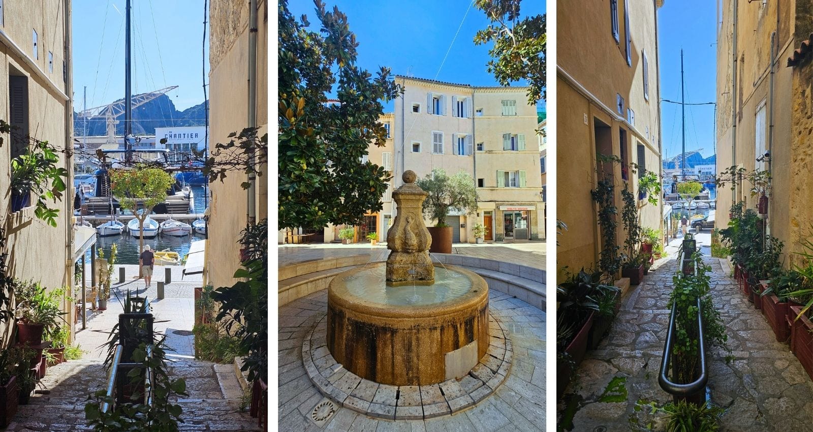 La Ciotat Altstadt mit engen Gassen, Brunnen und Blick auf den Hafen an der Côte d’Azur
