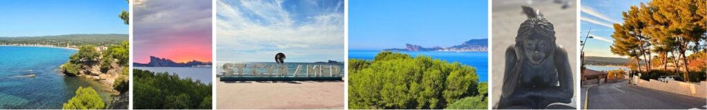 Saint-Cyr-sur-Mer Küste mit Bucht von Les Lecques, Meerblick, Skulpturen und mediterraner Landschaft